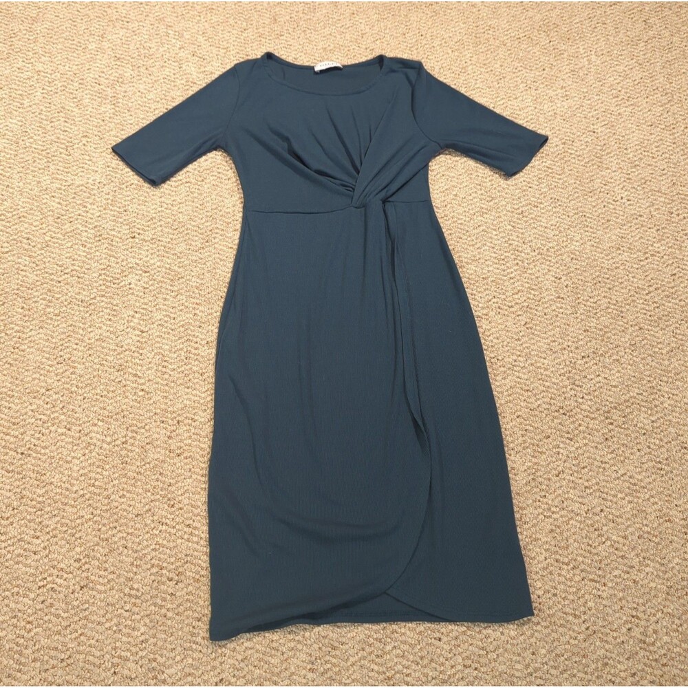 Gilli Wrap Bodice Elastic Waist Dress Womens Small Teal Stretch Ribbed